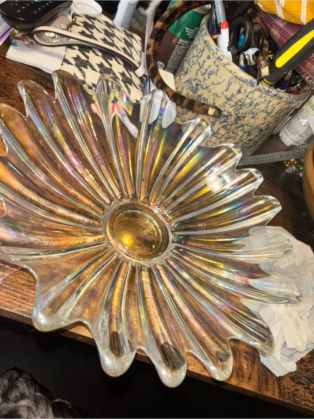 Iridescent Glass Daisy Bowl - Shimmering Gold Tones vintage
